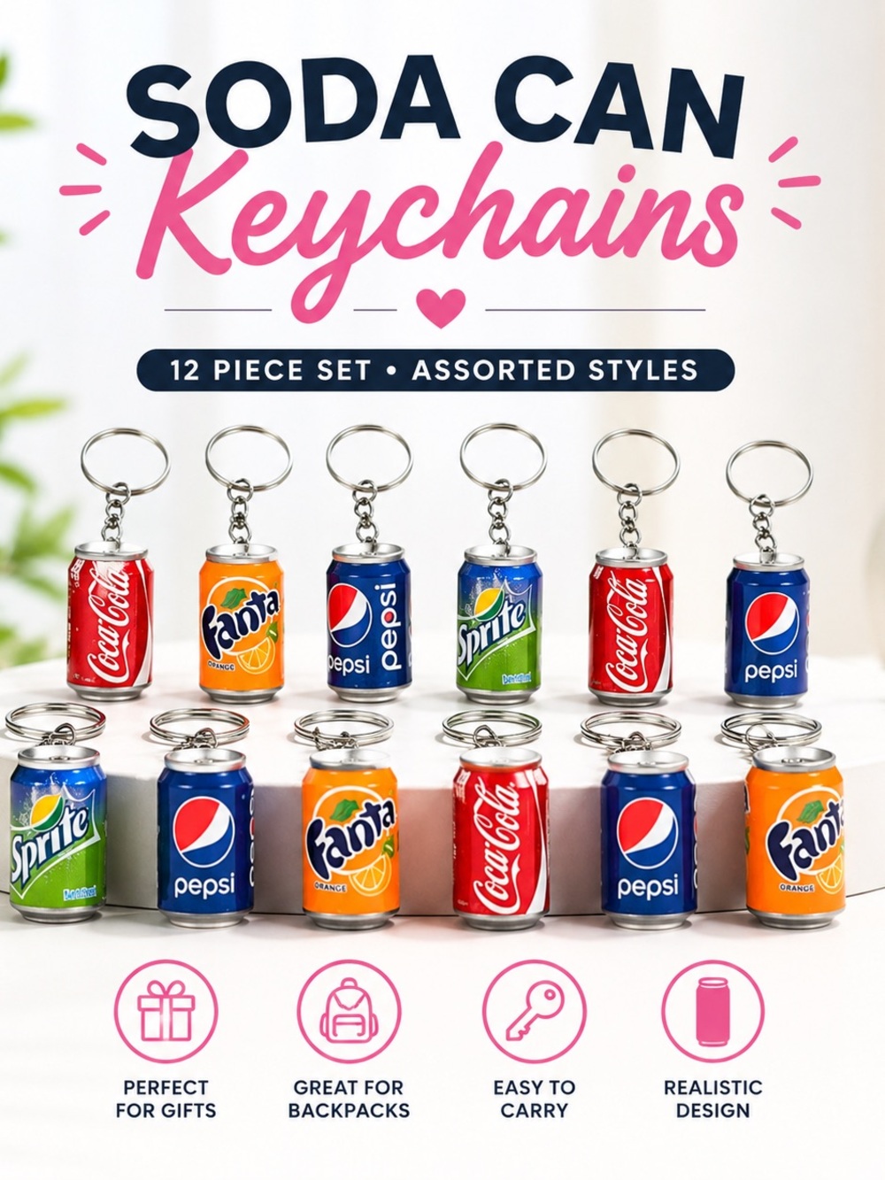 Coca Cola Red, Blue, Green & Orange Soda Can Keychain Set 12 pieces